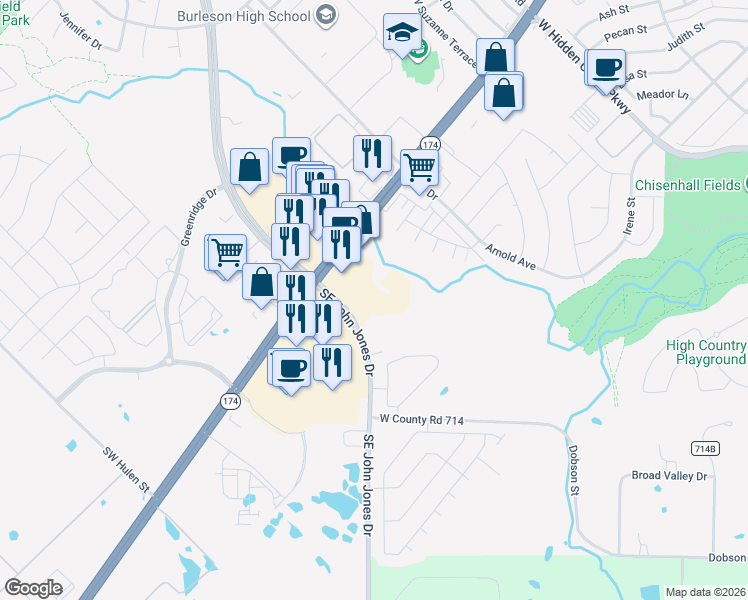 map of restaurants, bars, coffee shops, grocery stores, and more near 265 Southeast John Jones Drive in Burleson