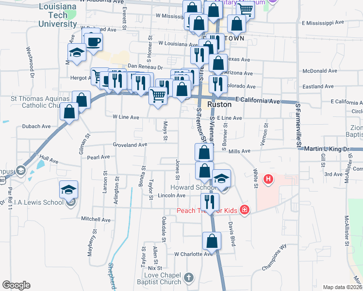 map of restaurants, bars, coffee shops, grocery stores, and more near 929-1031 Jones Street in Ruston