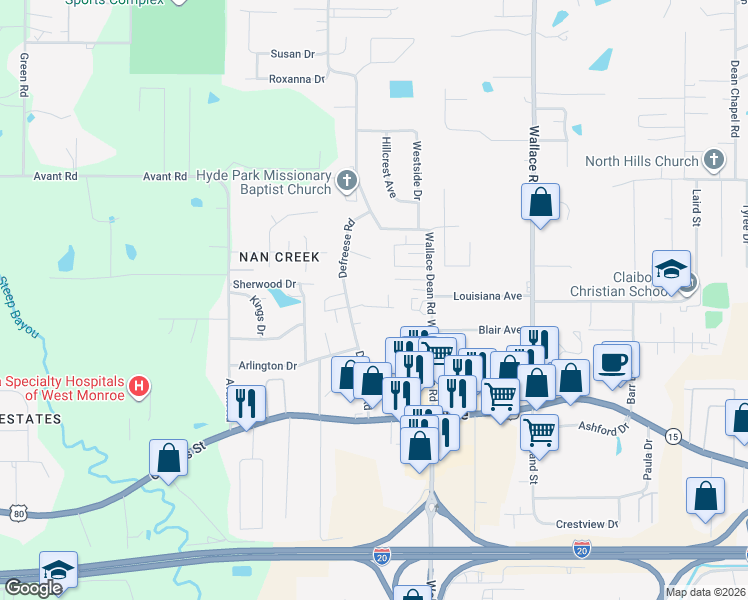 map of restaurants, bars, coffee shops, grocery stores, and more near 258 Defreese Rd in West Monroe