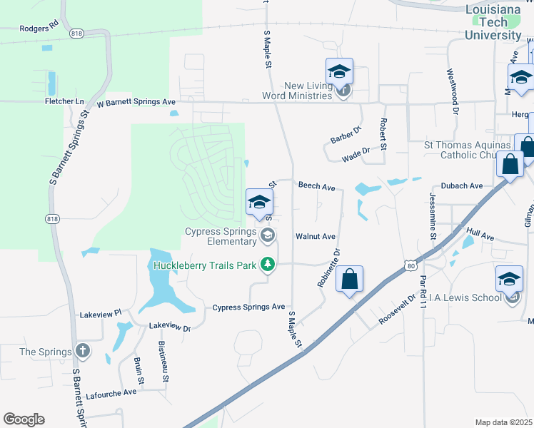map of restaurants, bars, coffee shops, grocery stores, and more near 1007 Saratoga Street in Ruston