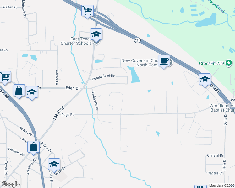 map of restaurants, bars, coffee shops, grocery stores, and more near 2125 Page Creek Trail in Longview