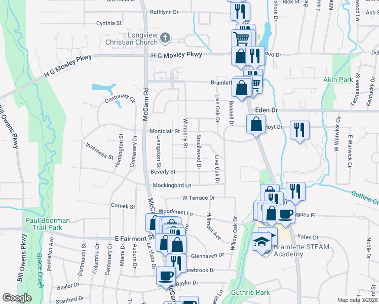 map of restaurants, bars, coffee shops, grocery stores, and more near 1900 Wimberly Street in Longview
