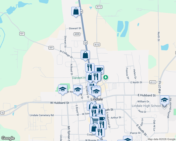 map of restaurants, bars, coffee shops, grocery stores, and more near 505-513 N Main St in Lindale