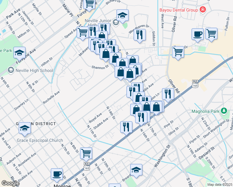 map of restaurants, bars, coffee shops, grocery stores, and more near 1606 Roselawn Avenue in Monroe