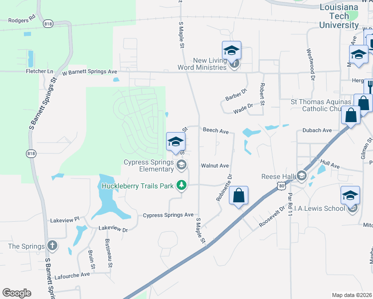 map of restaurants, bars, coffee shops, grocery stores, and more near 1007 Saratoga Street in Ruston