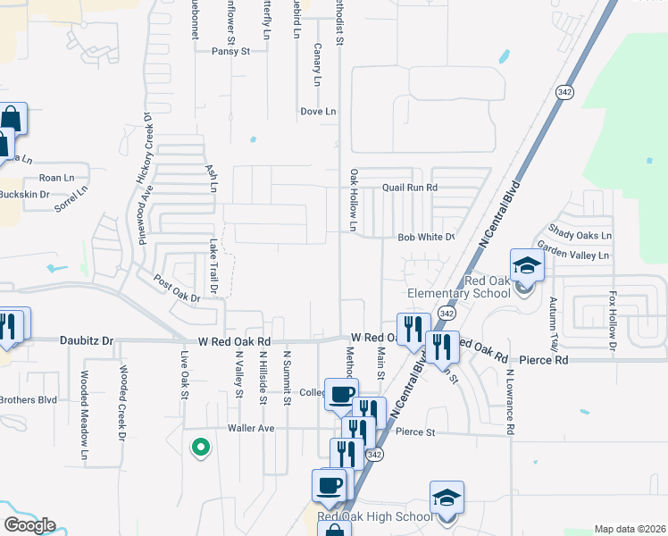 map of restaurants, bars, coffee shops, grocery stores, and more near 317 Methodist Street in Red Oak
