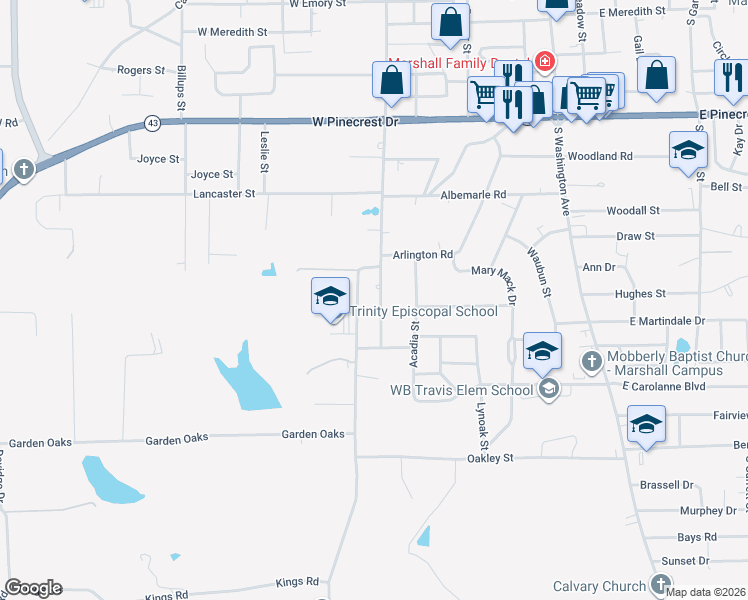 map of restaurants, bars, coffee shops, grocery stores, and more near 2809 Bel-Air Drive in Marshall