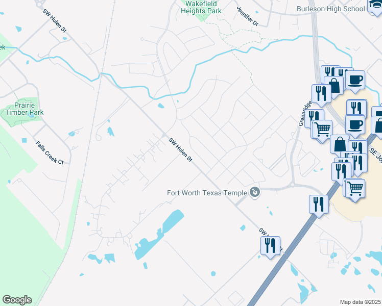 map of restaurants, bars, coffee shops, grocery stores, and more near 339 Tioga Street in Burleson