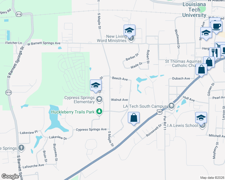 map of restaurants, bars, coffee shops, grocery stores, and more near 909 South Maple Street in Ruston