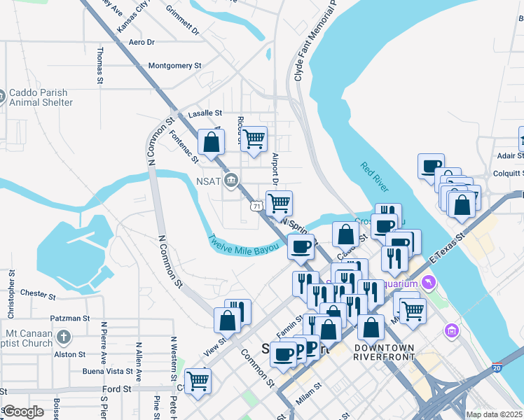 map of restaurants, bars, coffee shops, grocery stores, and more near 158 North Market Street in Shreveport