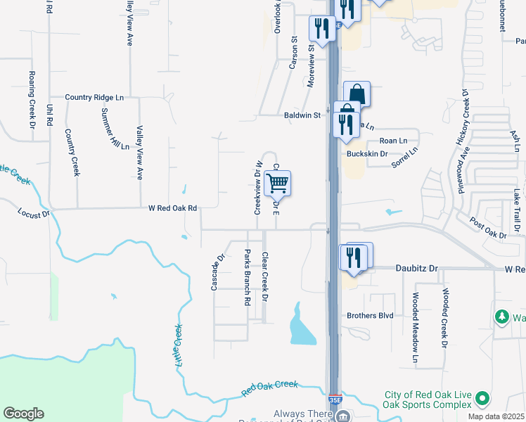 map of restaurants, bars, coffee shops, grocery stores, and more near 106 Creekview Dr W in Red Oak