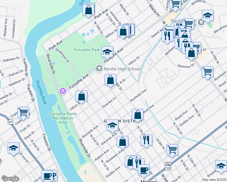map of restaurants, bars, coffee shops, grocery stores, and more near 703 Downey Lane in Monroe