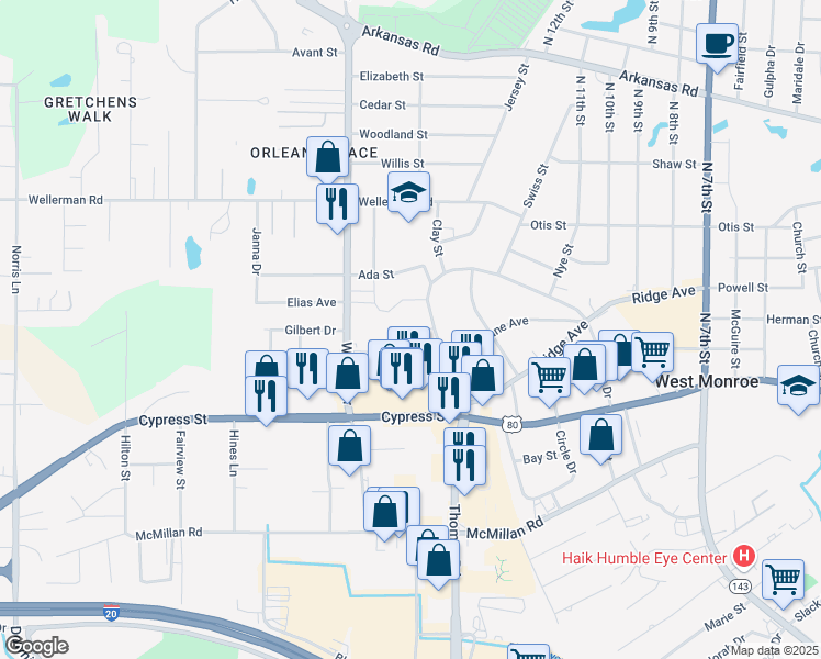 map of restaurants, bars, coffee shops, grocery stores, and more near 700 Splane Drive in West Monroe