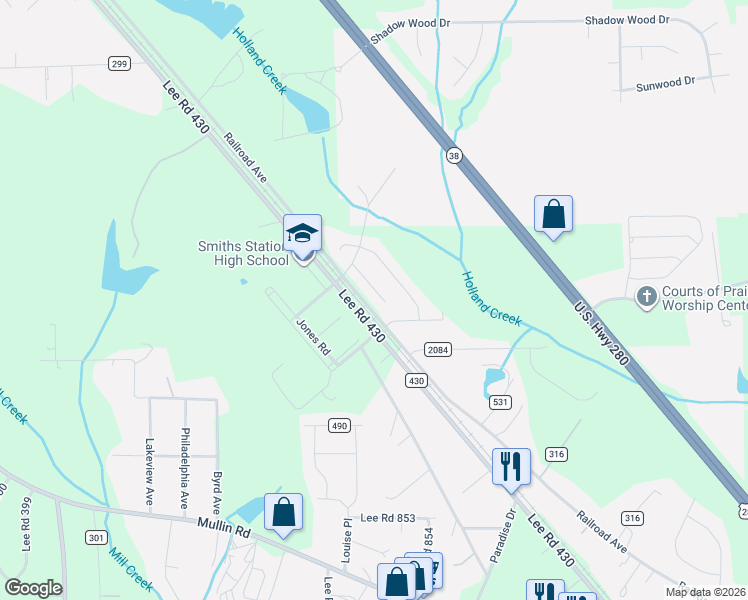 map of restaurants, bars, coffee shops, grocery stores, and more near 4235-4261 County Road 430 in Smiths Station