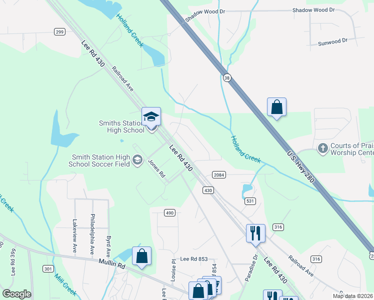 map of restaurants, bars, coffee shops, grocery stores, and more near 4235-4261 County Road 430 in Smiths Station