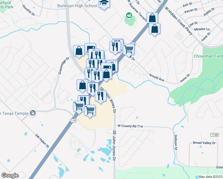 map of restaurants, bars, coffee shops, grocery stores, and more near 265 Southeast John Jones Drive in Burleson