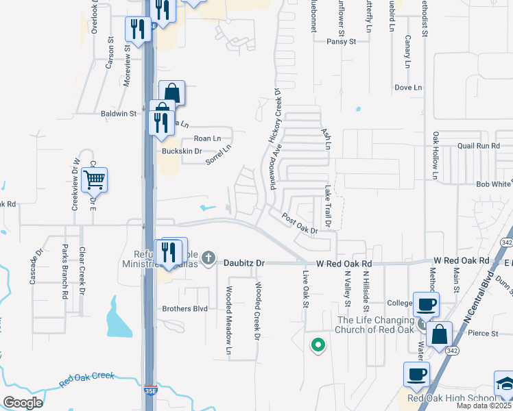 map of restaurants, bars, coffee shops, grocery stores, and more near 351 Hickory Creek Drive in Red Oak