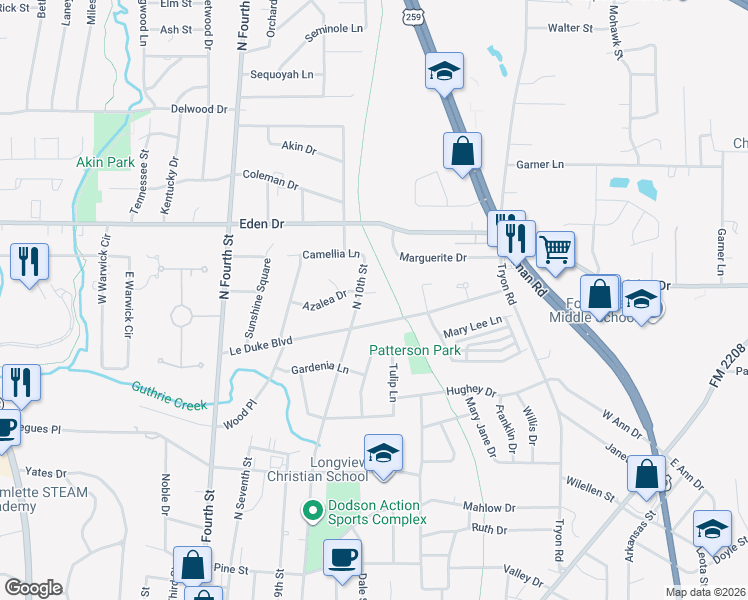 map of restaurants, bars, coffee shops, grocery stores, and more near 1204 Azalea Drive in Longview