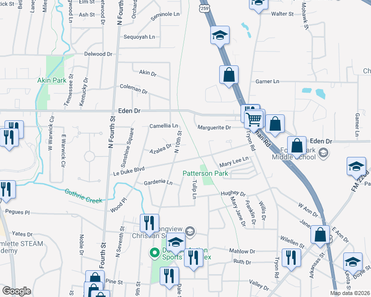 map of restaurants, bars, coffee shops, grocery stores, and more near 1204 Azalea Drive in Longview