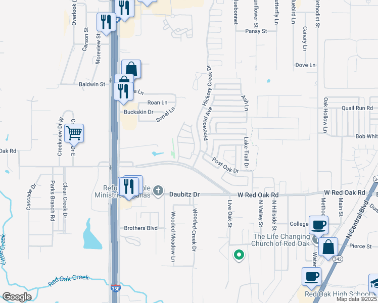 map of restaurants, bars, coffee shops, grocery stores, and more near 351 Hickory Creek Drive in Red Oak