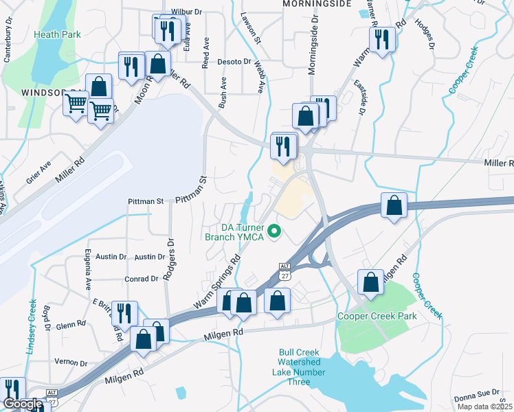 map of restaurants, bars, coffee shops, grocery stores, and more near 4419 Warm Springs Road in Columbus