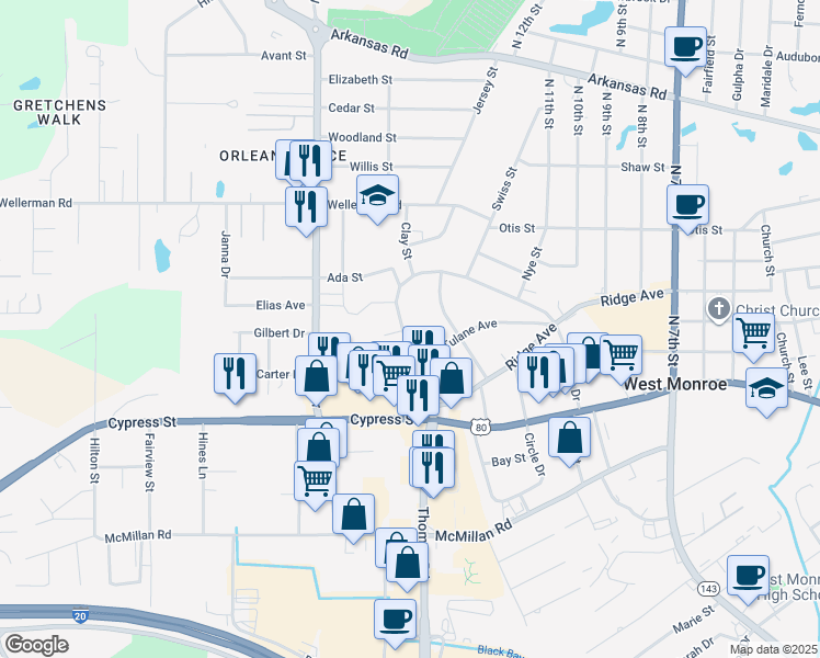 map of restaurants, bars, coffee shops, grocery stores, and more near 700 Splane Drive in West Monroe