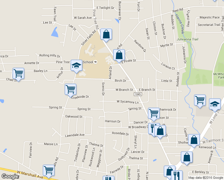 map of restaurants, bars, coffee shops, grocery stores, and more near 504 West Branch Street in Longview