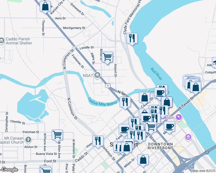 map of restaurants, bars, coffee shops, grocery stores, and more near 139 North Market Street in Shreveport