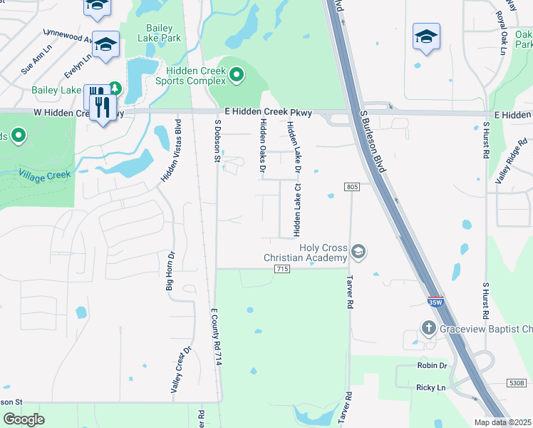 map of restaurants, bars, coffee shops, grocery stores, and more near 1125 Hidden Glen Court in Burleson