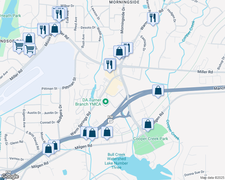 map of restaurants, bars, coffee shops, grocery stores, and more near 4454 Warm Springs Road in Columbus