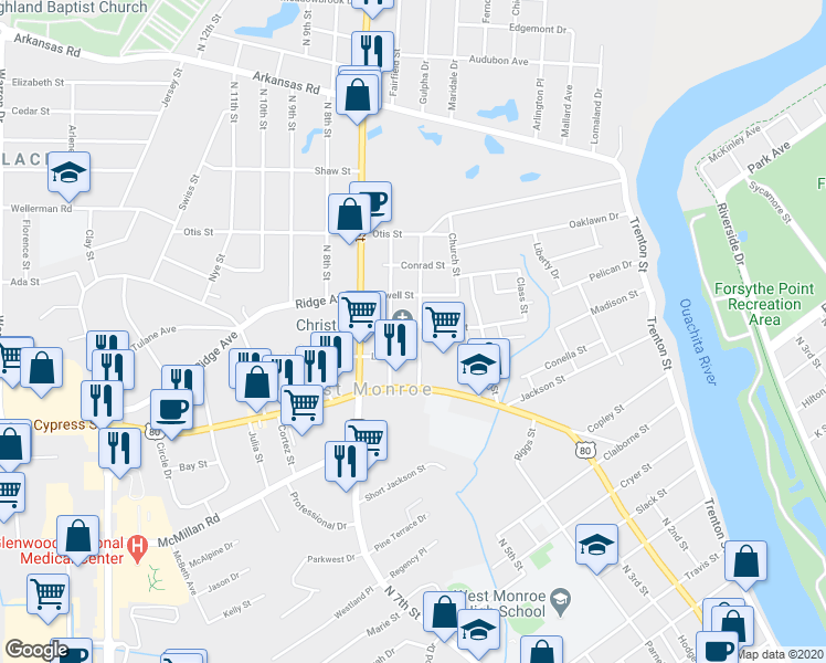 map of restaurants, bars, coffee shops, grocery stores, and more near 207 Flanagan Street in West Monroe