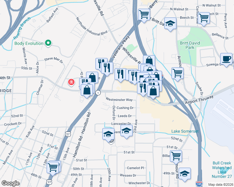 map of restaurants, bars, coffee shops, grocery stores, and more near 2121 Westminster Way in Columbus