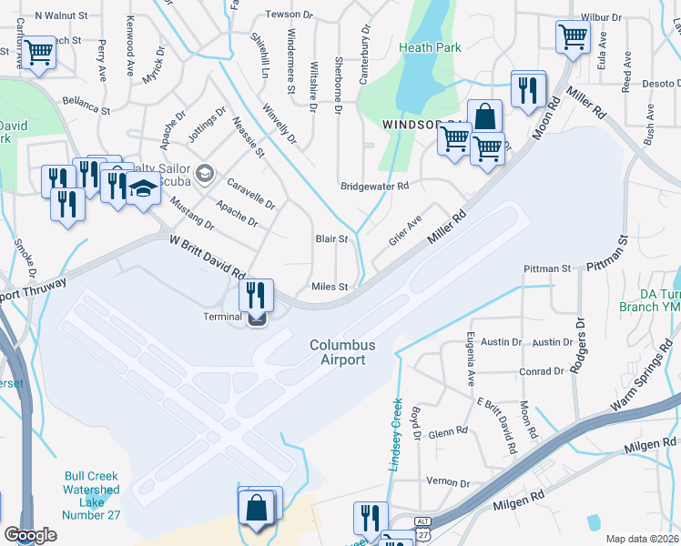 map of restaurants, bars, coffee shops, grocery stores, and more near 5400 Wayne Drive in Columbus