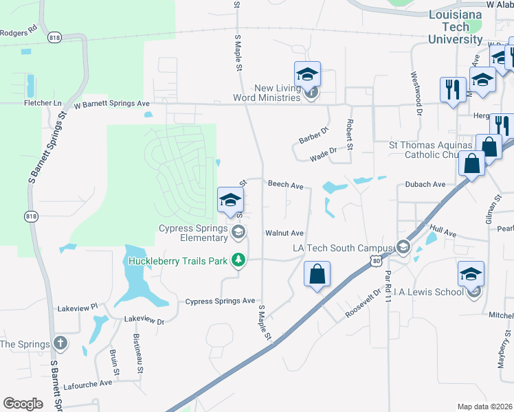 map of restaurants, bars, coffee shops, grocery stores, and more near 909 South Maple Street in Ruston