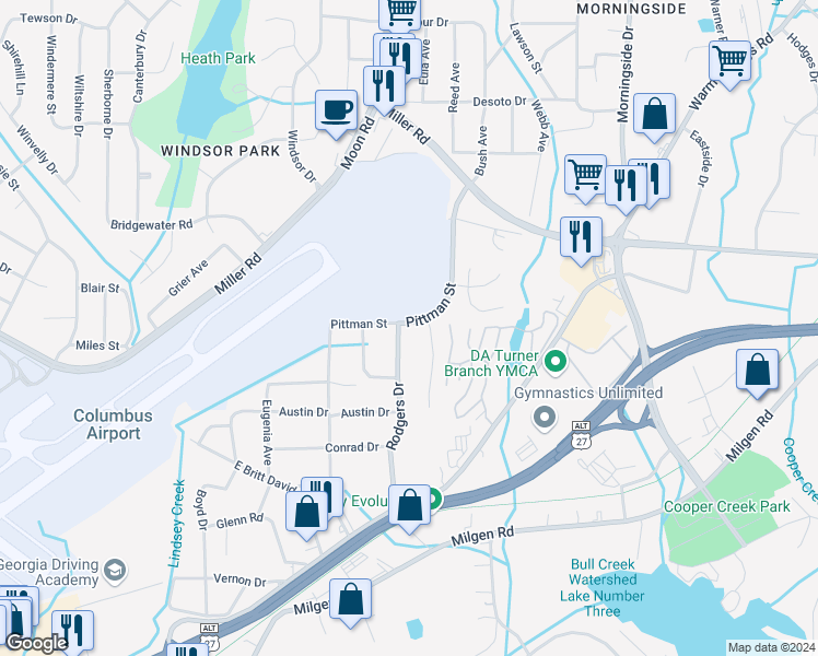 map of restaurants, bars, coffee shops, grocery stores, and more near 5530 Rodgers Drive in Columbus