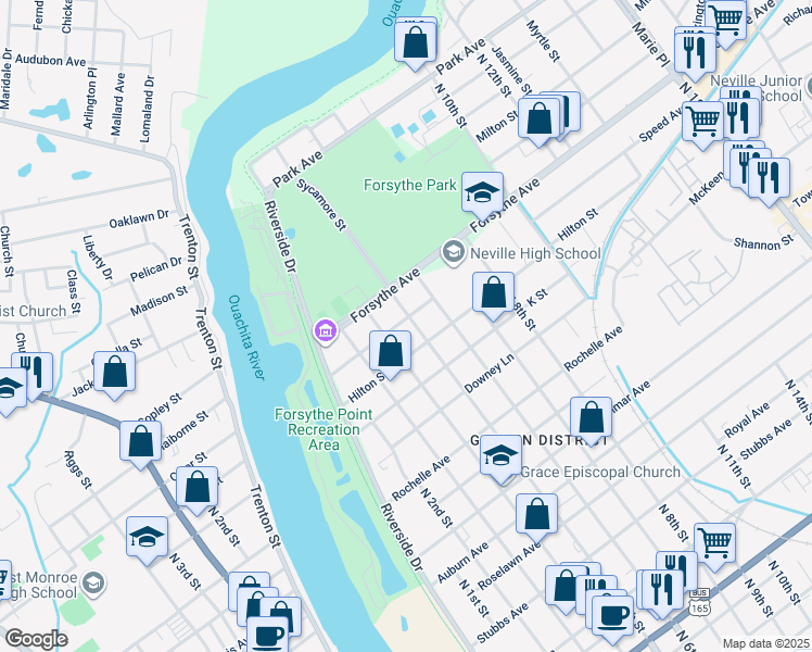 map of restaurants, bars, coffee shops, grocery stores, and more near 1908 North 4th Street in Monroe