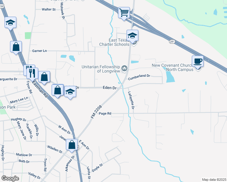 map of restaurants, bars, coffee shops, grocery stores, and more near 2100-2428 Jefferson Road in Longview