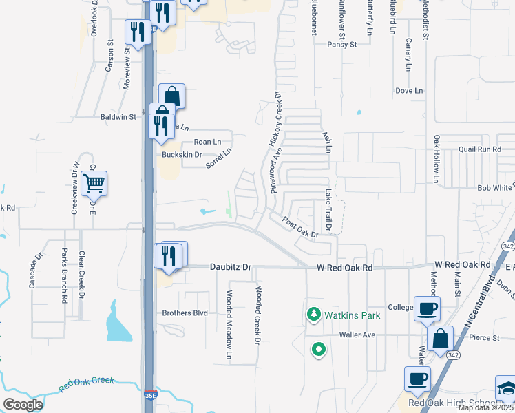 map of restaurants, bars, coffee shops, grocery stores, and more near 417 West Red Oak Road in Red Oak