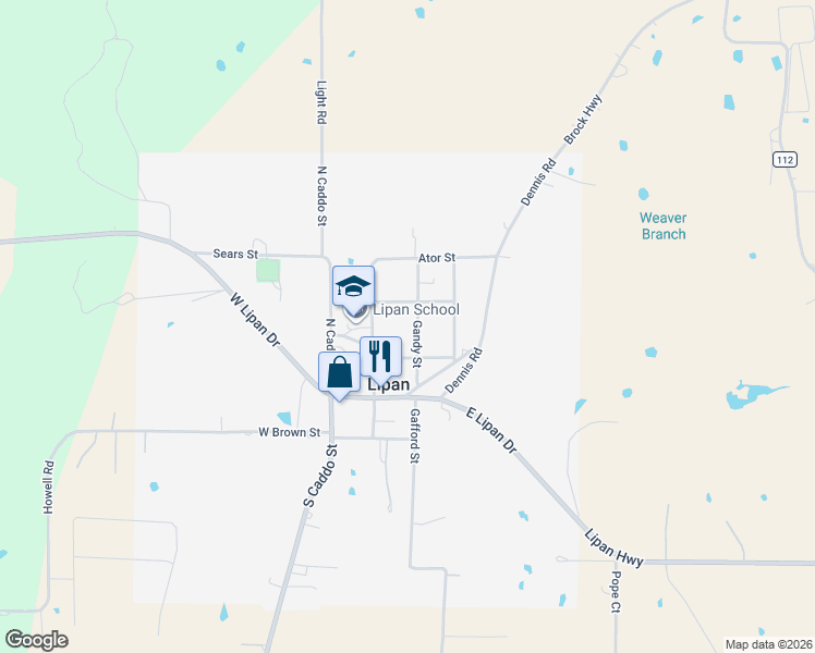 map of restaurants, bars, coffee shops, grocery stores, and more near 204 Gandy Street in Lipan