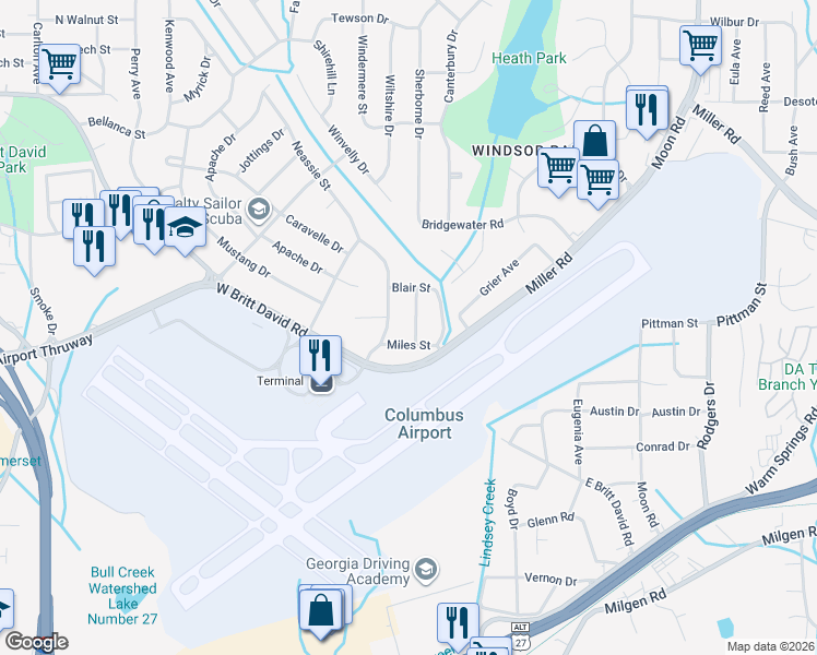 map of restaurants, bars, coffee shops, grocery stores, and more near 5411 Wayne Drive in Columbus