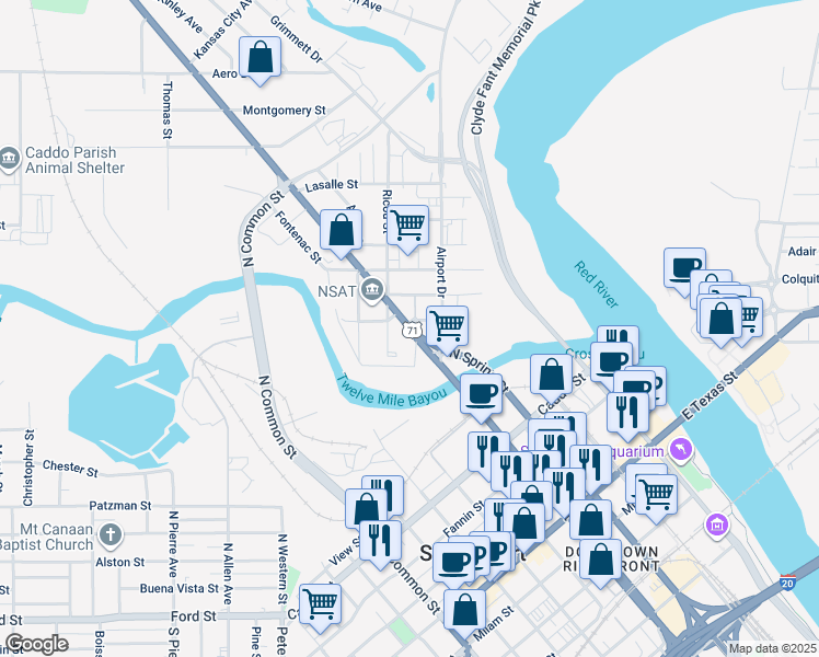 map of restaurants, bars, coffee shops, grocery stores, and more near 145 North Market Street in Shreveport