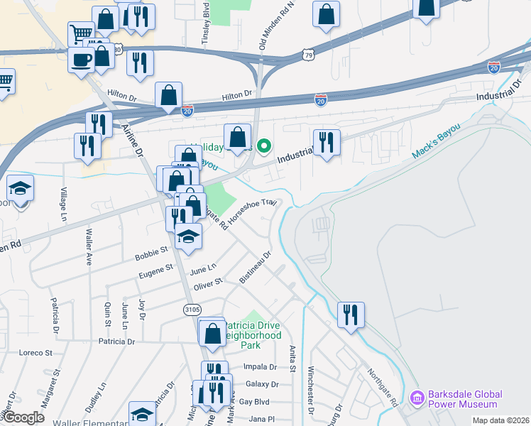 map of restaurants, bars, coffee shops, grocery stores, and more near 3413 Bistineau Drive in Bossier City