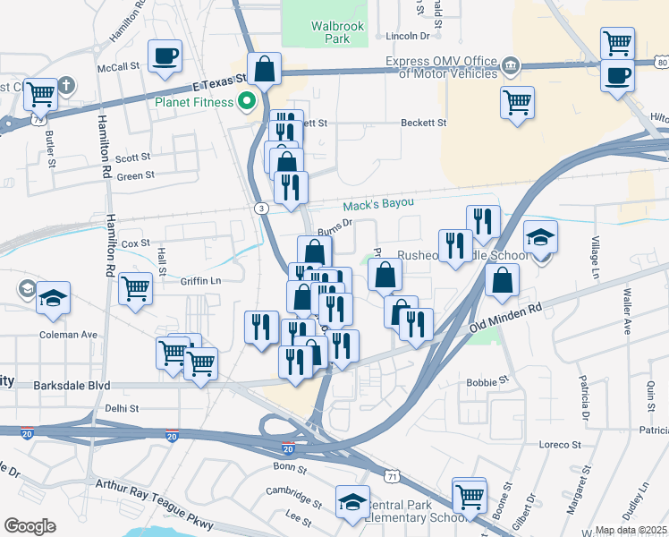 map of restaurants, bars, coffee shops, grocery stores, and more near 450 Benton Road in Bossier City