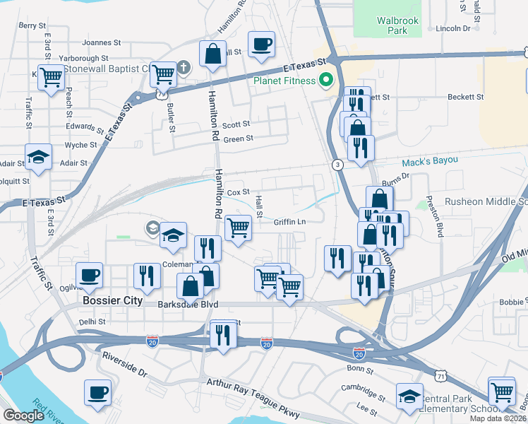 map of restaurants, bars, coffee shops, grocery stores, and more near 502 Hall Street in Bossier City