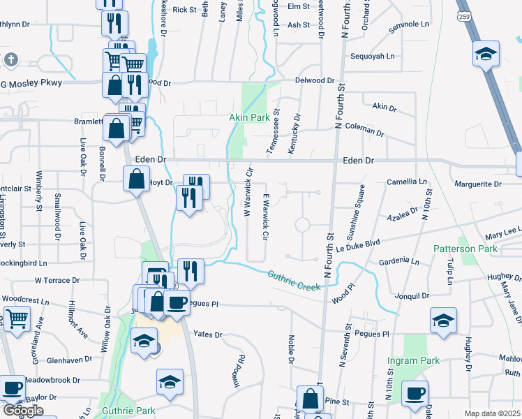 map of restaurants, bars, coffee shops, grocery stores, and more near 2001 East Warwick Circle in Longview