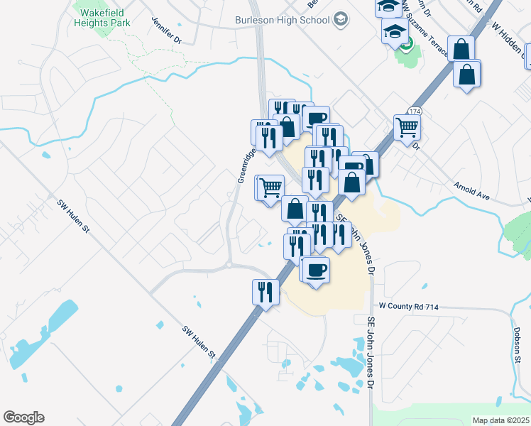 map of restaurants, bars, coffee shops, grocery stores, and more near 1155 Northwest John Jones Drive in Burleson
