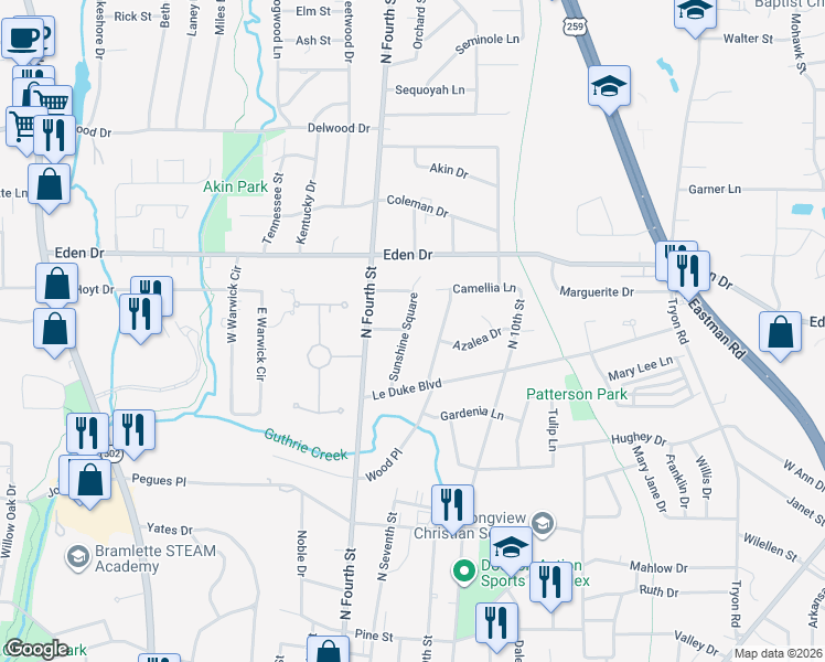 map of restaurants, bars, coffee shops, grocery stores, and more near 1914 Sunshine Square in Longview