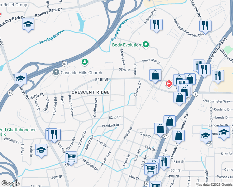map of restaurants, bars, coffee shops, grocery stores, and more near 1028 53rd Street in Columbus