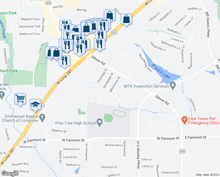 map of restaurants, bars, coffee shops, grocery stores, and more near 1603 Willowview Street in Longview