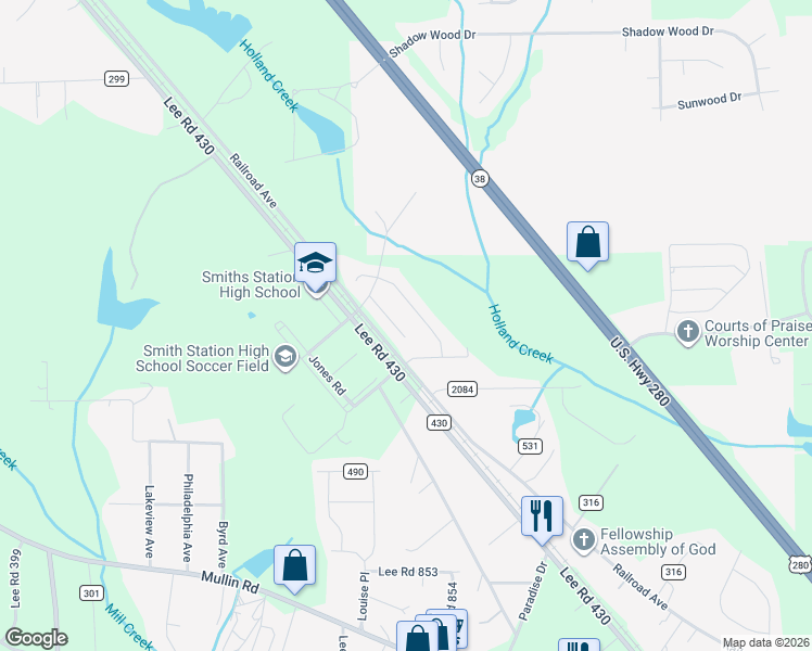 map of restaurants, bars, coffee shops, grocery stores, and more near 1182 Lee Road 243 in Smiths Station